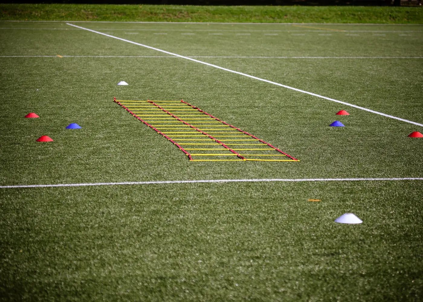 Footballers training on a grass pitch